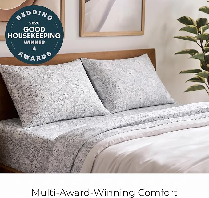 Mellanni Iconic 4-Piece, Ultra Soft Sheet Set (King, Paisley Gray) | 10M+ Sleepers. Lab-tested: Sleeps Cool, Stays Bright, Strong, Smooth. Good Housekeeping Best Bedding, 7 yrs running.