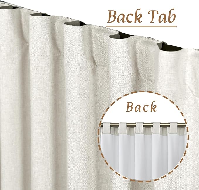 100% Blackout Linen Curtains for Living Room 95 Inch, 52 x 95 Inch | Ivory, Thermal Insulated Bedroom Curtains, Farmhouse Neutral Panels, with White Liner, Rod Pocket Back Tab, 2 Panels