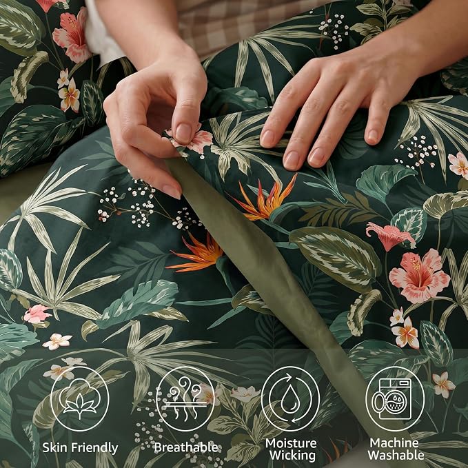 Full Size Comforter Sets - 7 Pieces Floral Bed in a Bag Full Bedding Set | Dark Green Botanical Flowers Comforter Set with Sheets, Pillowcases & Shams for All Seasons