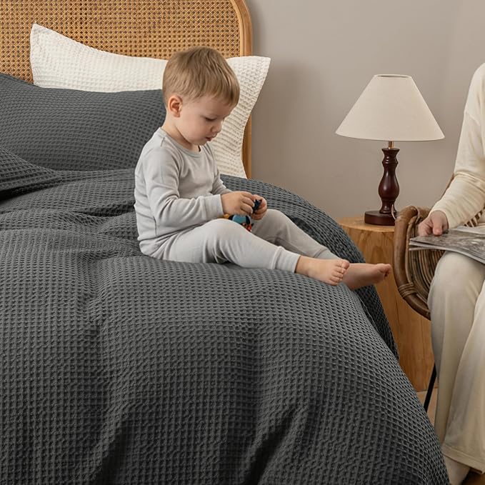 David's Home Soft Textured Waffle Weave Duvet Cover Set, Queen Size, Grey | Breathable Cozy for All Season, 300GSM, 3PCS Home Bedding Decor, OEKO-TEX Certified, Hidden Zipper, 8 Corner Ties, 90" X 90"