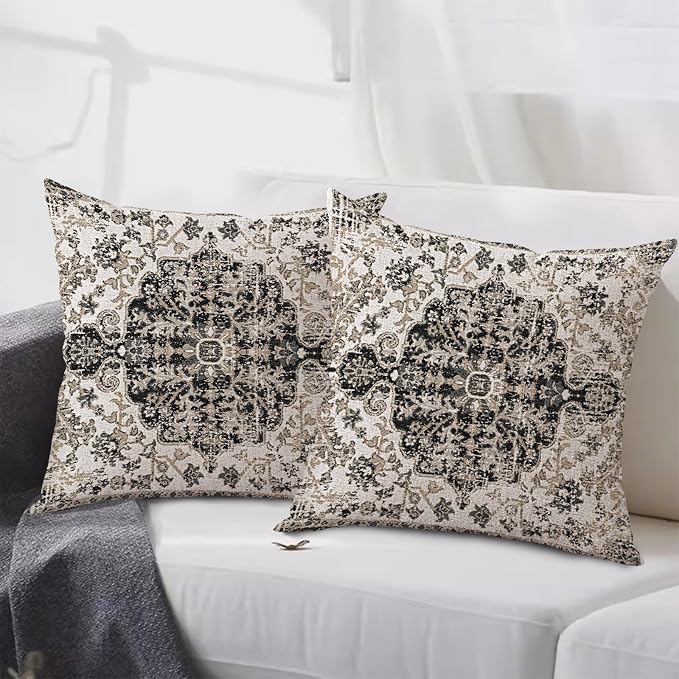 Outdoor Waterproof Pillow Covers 16X16 Inch Set of 2 - Bohemian Vintage Carpet Pattern Black Grey Ethnic Design Decorative Farmhouse for Couch Garden Balcony