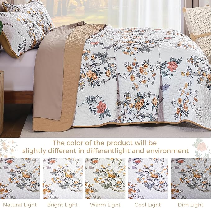 WONGS BEDDING Floral Quilt Set Queen, 3 Pcs Brown Orange Bedspread Coverlet | Spring Summer Floral Farmhouse Bedspread with 2 Shams,Soft Microfiber Lightweight Coverlet for All Season 96"×90"