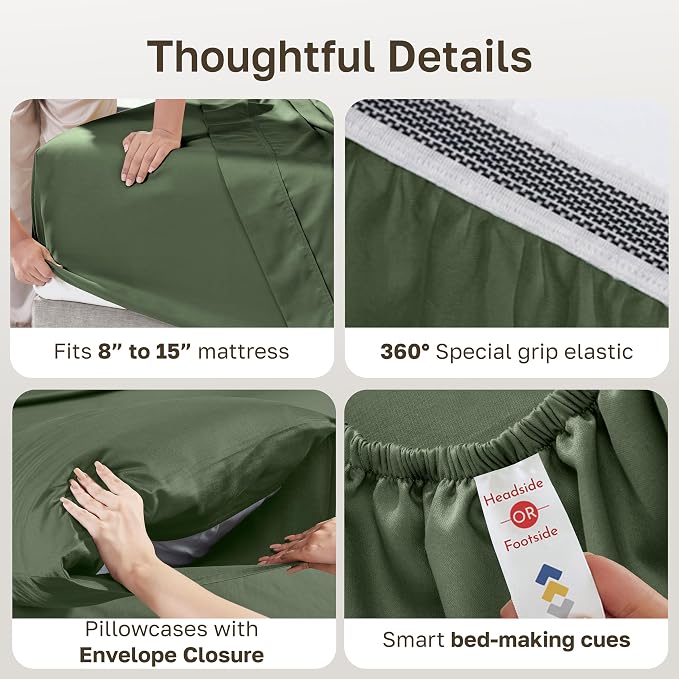 California Design Den 100% Organic Cotton Cal King Bed Sheets, Olive Green | GOTS Certified, Lightweight Crisp & Airy Percale For Hot Sleepers, 15" Deep Pocket, All-around Elastic, 4 Pc Set, Easy Care