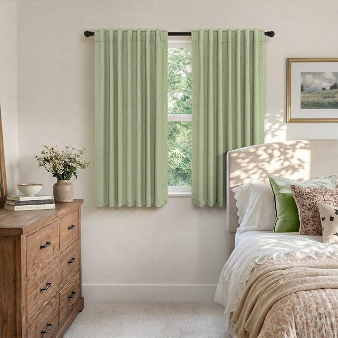 Light Sage Green Short Blackout Curtains for Small Bathroom Window Kitchen Door Back Tab Pocket 45 Inch Length 2 Panel Linen Look Noise Reducing Dampening Vintage Moody Curtain for Room Divider Closet