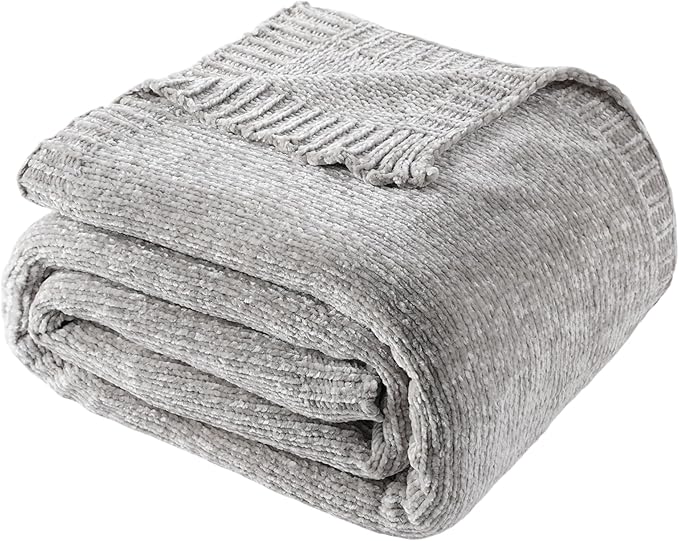 Chenille Throw Blanket for Couch Sofa, Light Grey Throw Blanket 51"x67" | Shiny Chenille Blanket, Soft Cozy Gray Knit Throw Blanket, Knitted Chenille Throw Blanket for Chair, Living Room, Home Decor