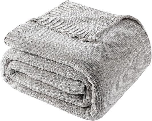 Chenille Throw Blanket for Couch Sofa, Light Grey Throw Blanket 51"x67" | Shiny Chenille Blanket, Soft Cozy Gray Knit Throw Blanket, Knitted Chenille Throw Blanket for Chair, Living Room, Home Decor