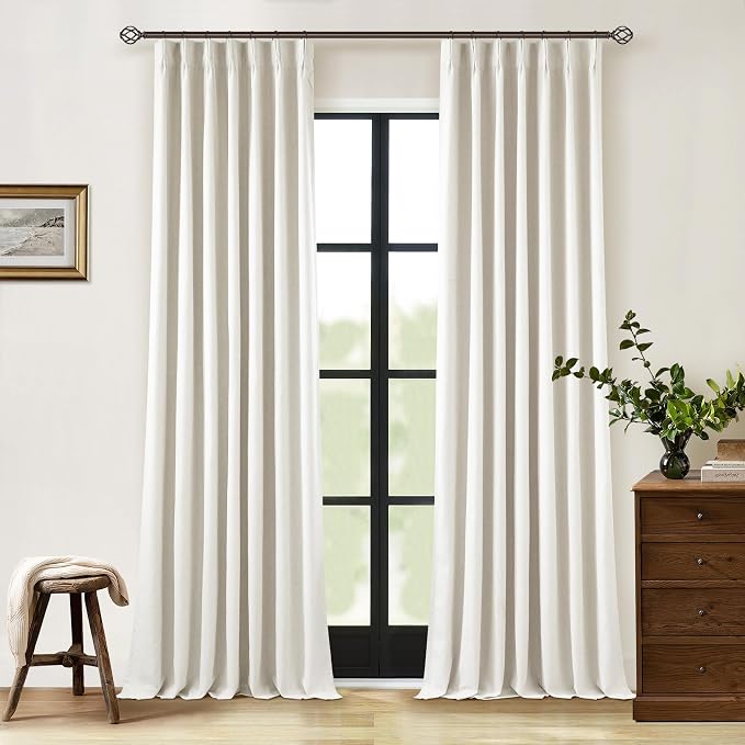 Pinch Pleated Linen Blackout 96 Inch Curtains for Living Room Natural | 100% Black Out, Cream Ivory, Pinch Pleat Hooks Rings Back Tab, 2 Layer Drapes with Liner, for Bedroom Window, 2 Panels Set