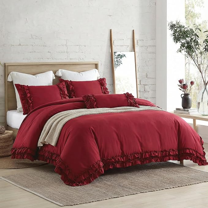 Burgundy Duvet Cover King Size Ruffled Bedding Set Vintage Lace Ruffle Elegant Bedroom Decor Shabby Chic Farmhouse Style Boho Chic Duvet Cover Set for All Season