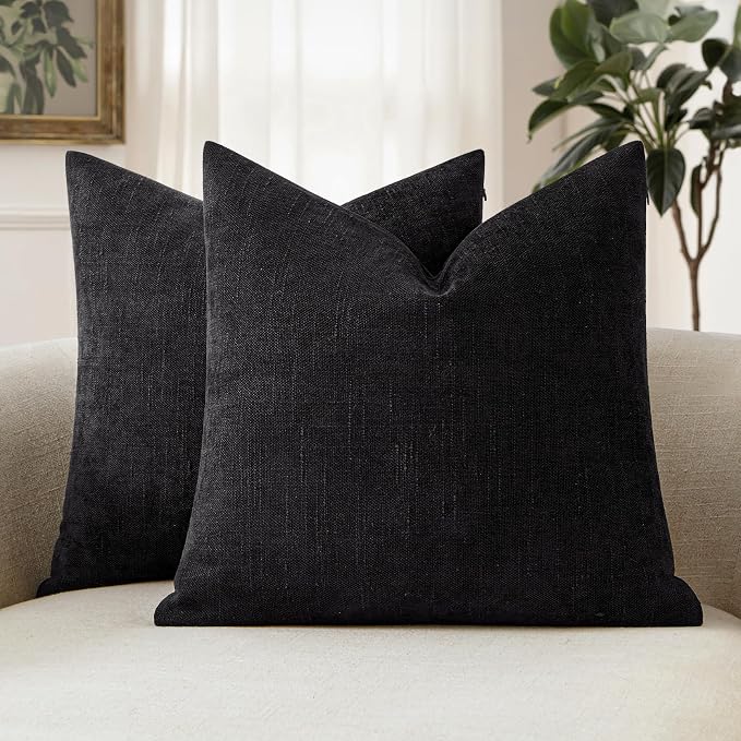 MIULEE 26x26 Inch Euro Textured Chenille Throw Pillow Covers Black | Pack of 2 Decorative Soft Throw Pillows,Solid Textured Cushion Covers,Modern Home Decor for Bed Couch Sofa Bedroom Livingroom