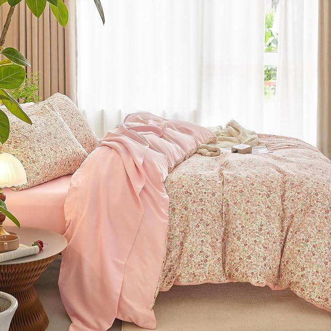 Wake In Cloud - Floral Duvet Cover Set, Cute Vintage Flower Cottagecore Aesthetic for Women Teen Girls, Soft Lightweight Bedding, 3-Piece, Cream Pink, Full Size