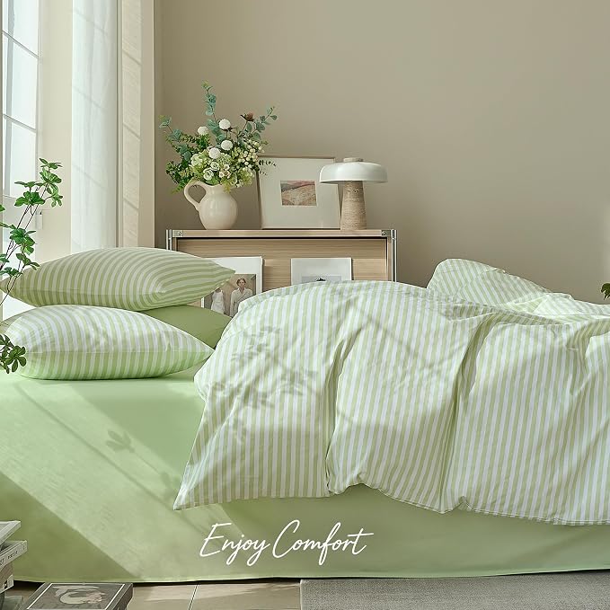 JELLYMONI 100% Cotton Printed Striped Queen Duvet Cover Set, Sage Green | Breathable and Soft, Classic Stripes, 8 Corner Ties & Double-Head Hidden Zipper, For Master or Guest Bedroom