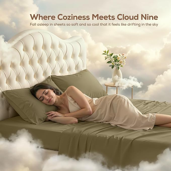 Full Sheets Set, 4 Pieces 16" Deep Pocket Hotel Luxury Bed Sheets, Olive | Extra Soft Bedsheet Set, Comfy & Breathable Cooling Sheets, Wrinkle & Fade Resistant, Fitted Sheet, Flat Sheet, 2 Pillowcases