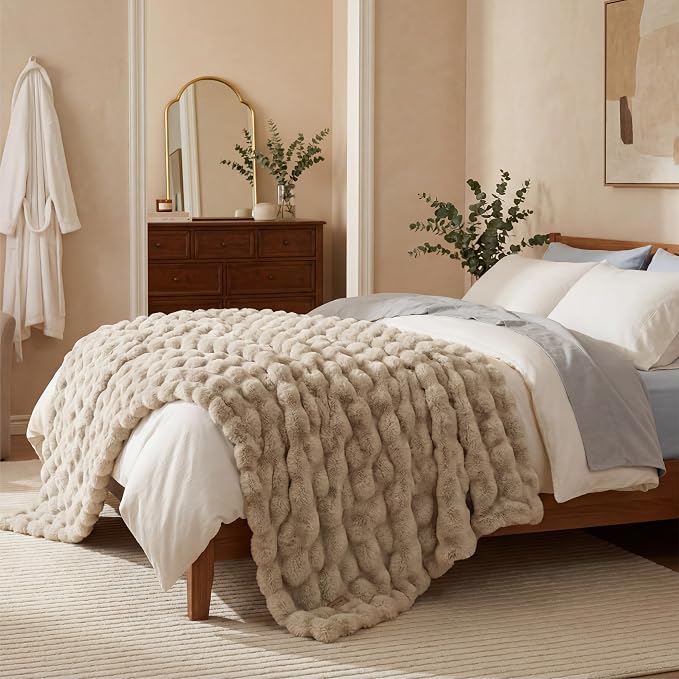 Bedsure GentleSoft Bubble Faux Fur King Size Blanket for Bed, Fluffy Fuzzy King Blanket for Winter, Soft Cozy Faux Fur Bedding Thick Warm Plush Decor for Bedroom, Beige, 104x90