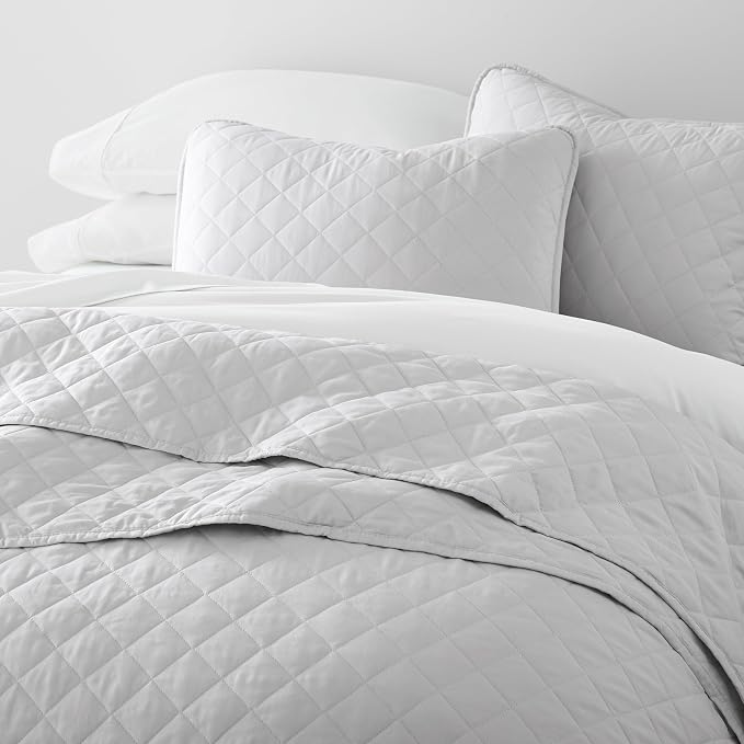 Merit Linens Modern Quilt Coverlet Soft Set in Diamond Stitching - King/Cal-King Light Gray