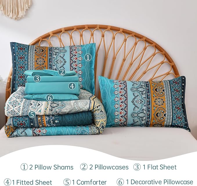 Cottolester Boho King Comforter Set 8 Pieces,Teal and Yellow Bohemian Comforter Paisley Striped Bed in A Bag,Soft Microfiber Bedding Set for All Season