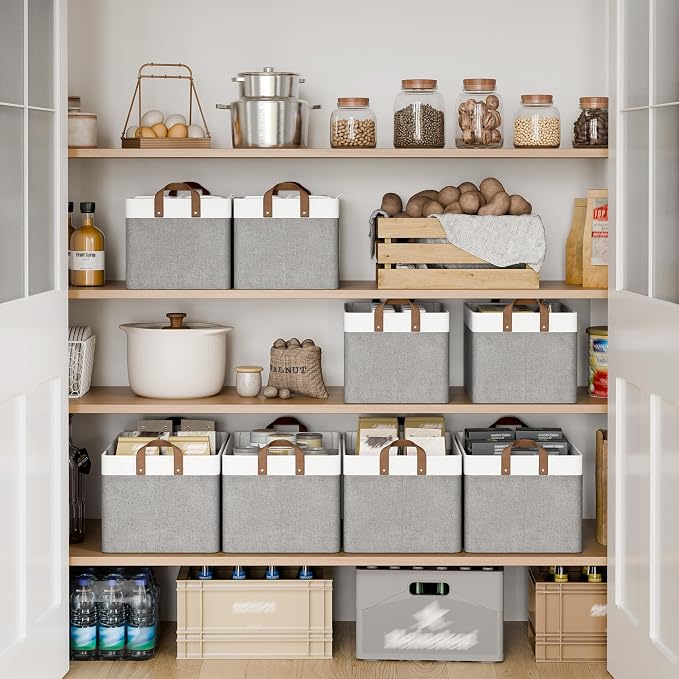 StorageWorks Fabric Storage Bin, Closet Bins, Gray and White, Large, 2-Pack | With Reinforced PU Handles, Metal Frame, Collapsible, Storage Basket for Shelves, Closet, Holds Clothes, Towels, Blankets