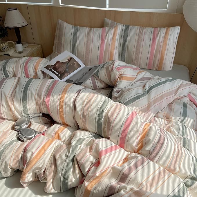 LifeTB Retro Striped Comforter Set Twin XL, Fluffy Soft Multicolor Stripes Pattern Printed Bedding Set, 3 Piece Striped Bed Comforter with 2 Pillowcases, Lightweight Farmhouse Bedding Comforter Set