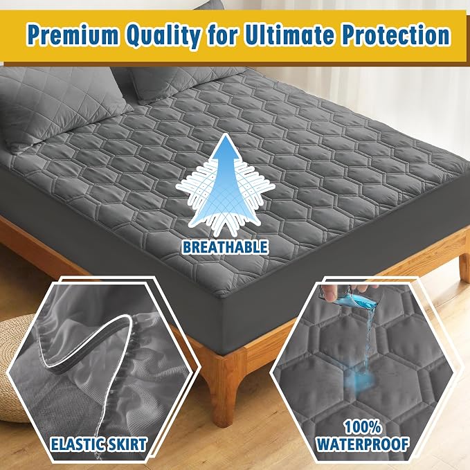 Waterproof Mattress Pad Twin Size, Breathable Mattress Protector with 6-16” Deep Pocket, Gray