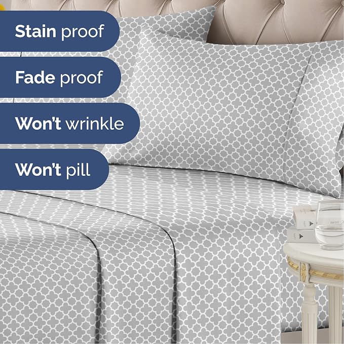 Twin 3 Piece Striped Sheet Set - Soft, Breathable & Cooling - Gray Clover | 1 Flat, 1 Fitted & 1 Pillowcase w/ Deep Pockets, Luxury Striped Bedding, Soft, Breathable & Cooling, Wrinkle & Fade Free