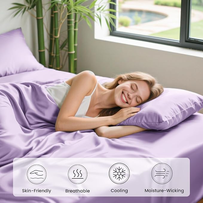 Love's cabin 4 Piece King Size Sheet Set, 100% Rayon Derived from Bamboo, Cooling & Breathable, Soft Silky Deep Pocket up to 16", Hotel Luxury Bedding for Hot Sleepers, Lavender