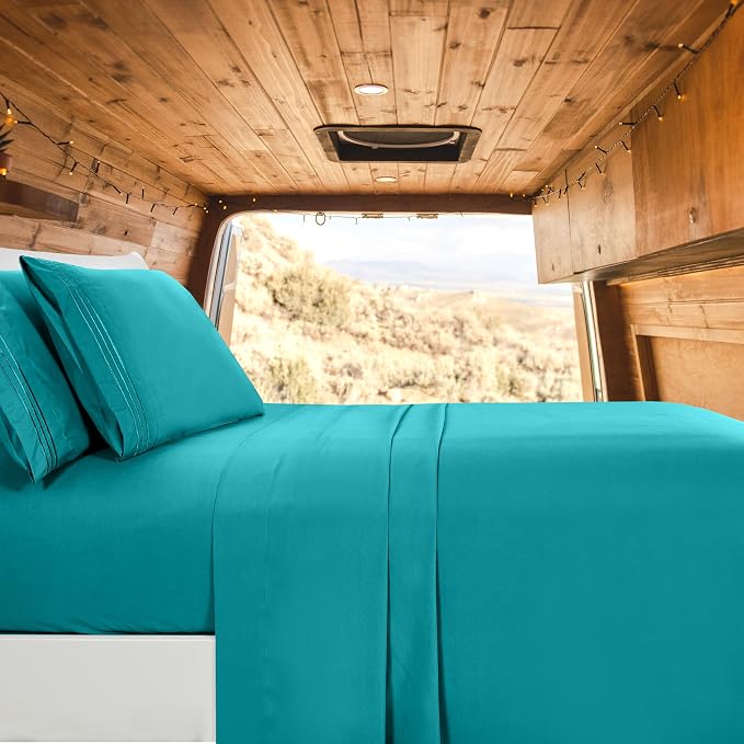 Elegant Comfort Luxury 1500 Premium Hotel Quality Microfiber 4-Piece Sheet Set - Wrinkle Resistant, All Around Elastic Fitted Sheet, Deep Pocket up to 16", RV Short Queen, Turquoise