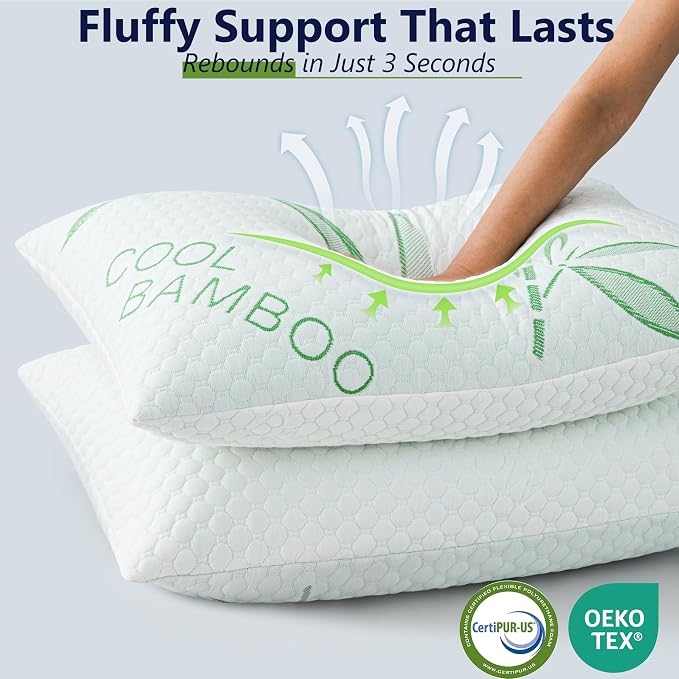 Cooling Pillows, Shredded Memory Foam Pillows King Size Set of 2 Adjustable Firm Bamboo Bed Pillows for Hot, Side, Back and Stomach Sleepers