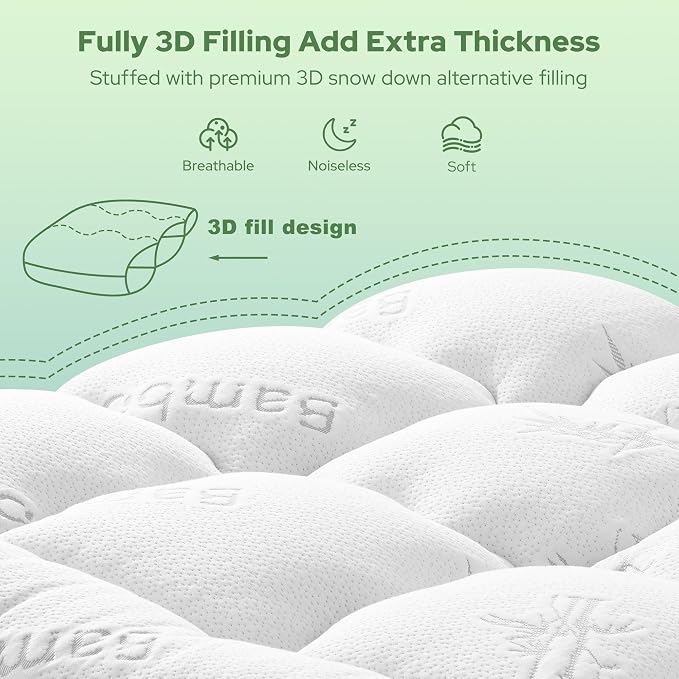 BEDLORE Twin XL Mattress Topper Viscose Bamboo, Pillow Top Mattress Pad | Deep Pockets Fit 6”-15” Mattress, Soft Breathable Thick Dorm-Size Mattress Topper for Students and Hot Sleepers(White)