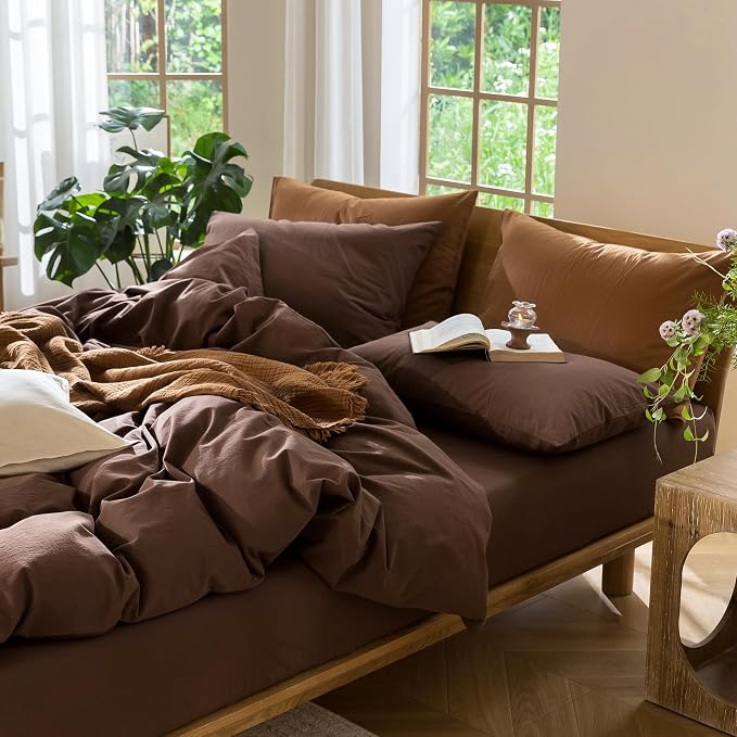 MooMee Duvet Cover Set 100% Washed Cotton Linen Like Queen | Relaxed Linen-like Texture. Soft, Breathable & Long-lasting Comfort. Lightweight. Hidden Zipper with 8 Interior Corner Ties