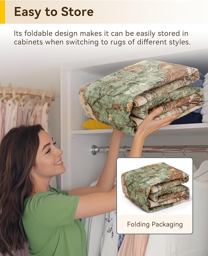 RELEANY Washable Area Rug, Square 4'x4', Brick/Brown/Green | Non-Slip, Water Repellent, Pet Friendly, Easy to Clean, Vintage Floral Boho Decor for Living Room Bedroom Entry Office