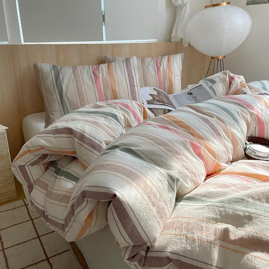 LifeTB Vintage Striped Comforter Set King, 3 Piece Multicolor Stripes Pattern Printed Comforter with 2 Pillowcases, Lightweight Soft Colorful Striped Bedding Set Farmhouse King Size Comforter Set