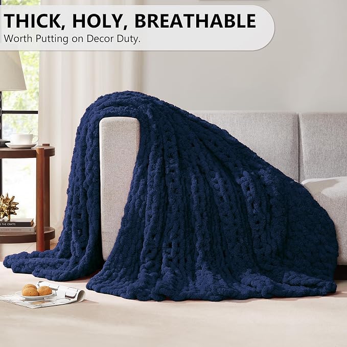L'AGRATY Chunky Knit Throw Blanket for Couch, 60 x 80 Inches, Dark Blue | Handmade Chenille Crochet Blanket for Sofa Bed, Thick Cable Knitted Blankets for Room Home Decor, Birthday Gift for Women Mom