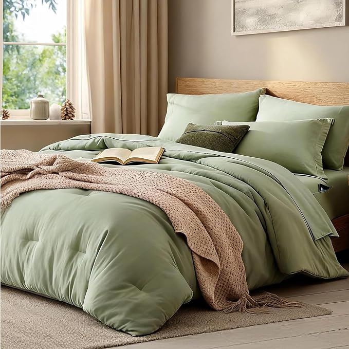 Oversized King Size Comforter Set- 7 Pieces Bed in a Bag King Bedding Sets | Prewashed All Season Comforter with Sheets, Pillow Shams & Pillowcases,Sage Green