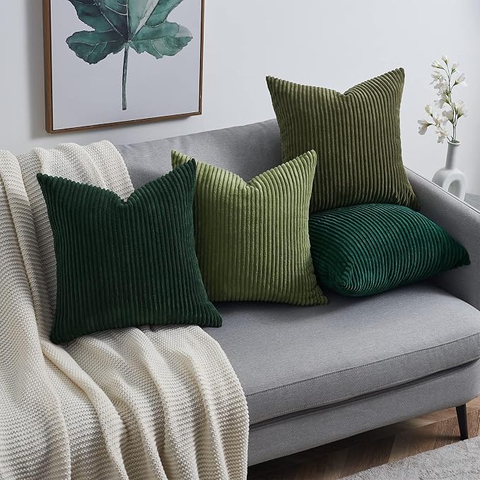 Topfinel Christmas Decorative Throw Pillow Covers Green Series,Winter Fluffy Corduroy Striped Euro Pillows Shams for Couch Bed Bedroom,Western Modern Hunter Green Pillowcase 20x20 Inch Set of 4