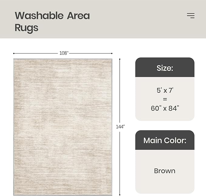 Washable Rugs 5x7, Non Slip Large Area Rugs for Living Room, Brown | Soft Low Pile, Thin & Lighweight Carpet, Folable Stain Resistant Modern Indoor Floor Mat for Bedroom, Dining Room, Home Decor