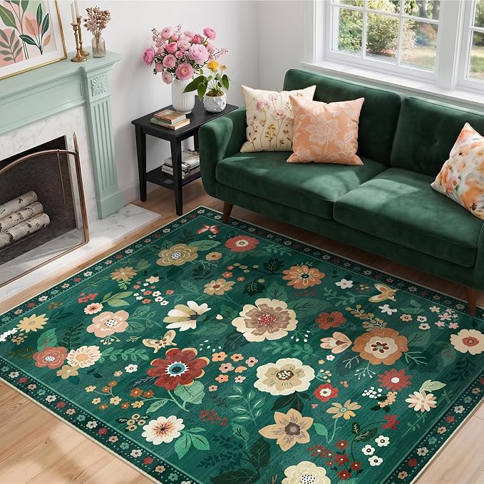 RELEANY Floral Washable 4x6 Area Rugs DarkGreen | Flower Carpet, Print, Boho, Non-Slip, Easy to Clean, Soft, Low Pile for Living Room Bedroom Kitchen Office Entryway Hallway