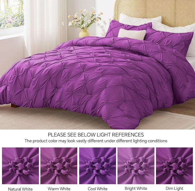 BEDELITE Queen Comforter Set Purple,Lightweight & Soft Comforter | Pintuck Boho Bedding, Warm & Cute Bed Set for All Season,With 2 Pillowcases