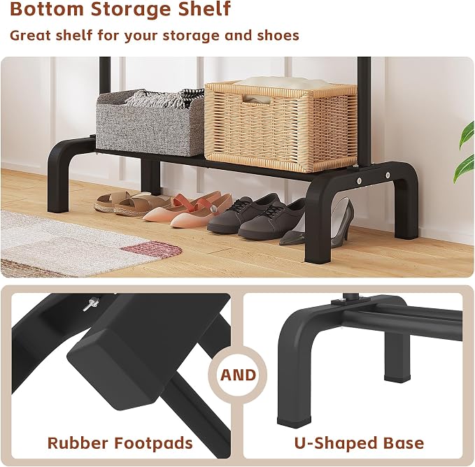 JIUYOTREE Garment Rack Clothing Clothes Rack for Clothes Organizing Black | Standard Metal 34 Inches Garment Rack with Bottom Shelf for Hanging Clothes Coats Jackets Shirts Sweaters Jeans Black