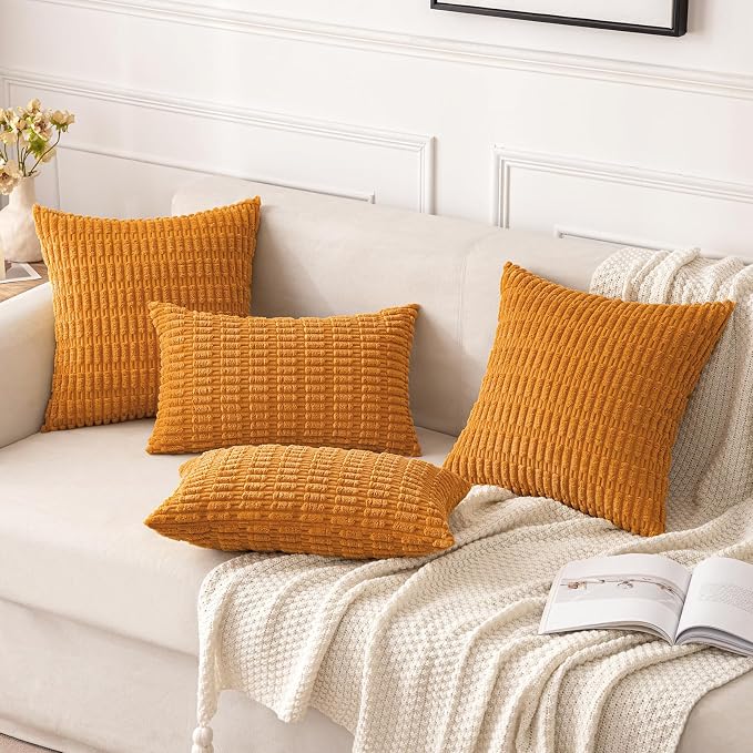 MIULEE Euro Fall Corduroy Decorative Throw Pillow Covers 24x24 Burnt Orange | Pack of 2 Sham Soft Boho Striped Pillow Covers Modern Farmhouse Autumn Home Decor For Sofa Living Room Couch Bed