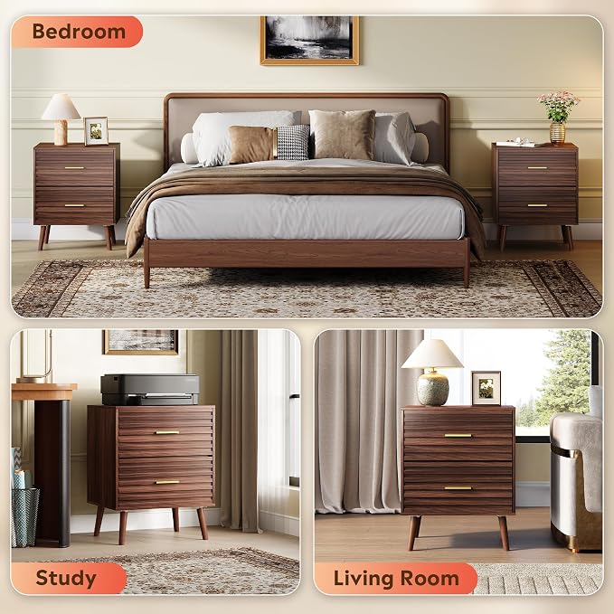 WLIVE Nightstands Set of 2, Mid Century Modern Bedside Tables with Fluted Drawers, Walnut Wood End Table with Storage for Bedroom, Accent Furniture