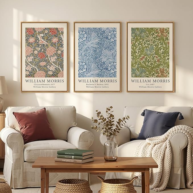Large Framed Green William Morris Botanical Floral Wall Art, Set of 3 | Vintage, Canvas prints, Retro classic, Natural pattern, 30x60 inch, Living room, Bedroom, Dining room, Hallway decor