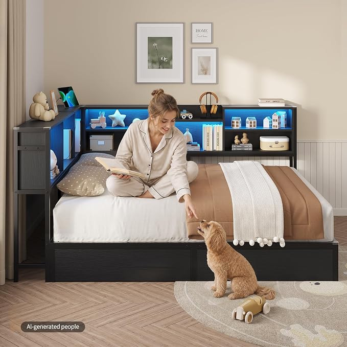 DICTAC Corner Queen Bed Frame with Storage Bookcase and 2 Drawers,Queen Size Platform Corner Bed Frame with LED Lights & Charging Station,Metal Daybed for Teens/Adult with Storage,Saving Space,Black