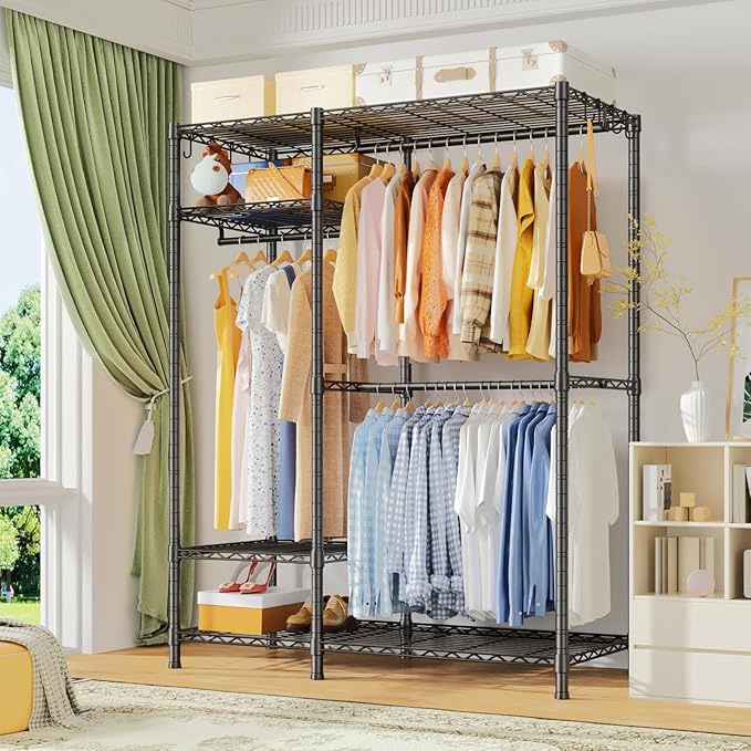 Ulif F7 Medium Clothes Rack, Clothing Racks for Hanging Clothes, Black | Heavy Duty Garment Rack, 6-Tiers Freestanding Portable Closet Storage Racks 45'' W × 14.6'' D × 76.6'' H, Max Load 750 Lbs