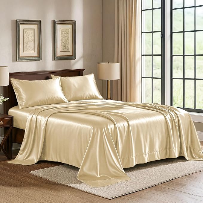 Satin Sheets Queen [4-Piece, Ivory] Hotel Luxury Silky Bed Sheets - Extra Soft 1800 Microfiber Sheet Set, Wrinkle, Fade, Stain Resistant - Deep Pocket Fitted Sheet, Flat Sheet, Pillow Cases