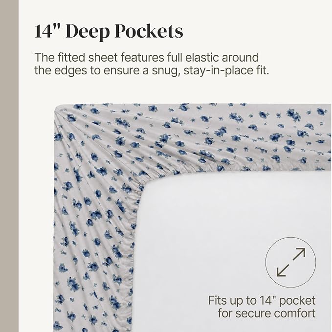 Modern Threads 4-Piece Ultra Soft Microfiber Bed Sheets Set, Wrinkle Free Sheets with Deep Pockets Fitted Sheet, Flat Sheet & Pillowcases, Lightweight Breathable Bedding, Blue Roses, King