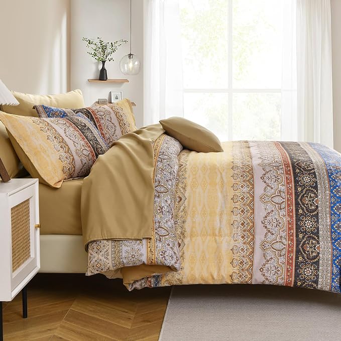 Cottolester Boho Full Comforter Set 8 Pieces,Yellow Bohemian Striped Bed in a Bag,Paisley Soft Microfiber Bedding Comforter Set
