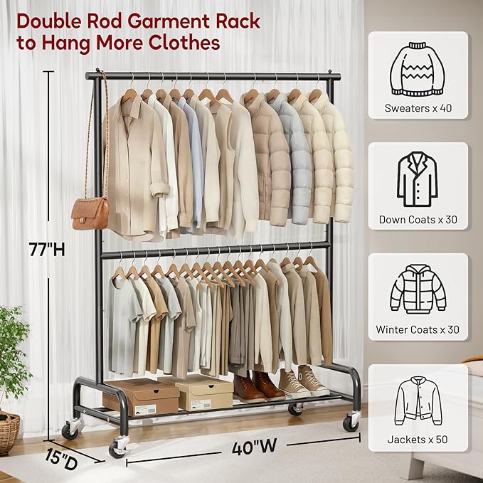 SLEEPING LAMB Heavy Duty Clothes Rack with Wheels, Metal Rolling Garment Rack for Hanging Coats, Shirts (Black)