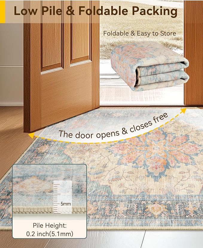 RELEANY Washable Area Rug, 5'x7', Blue/Orange/Red | Non-Slip, Water Repellent, Pet Friendly, Easy to Clean, Vintage Floral Boho Decor for Living Room Bedroom Dining Room Office