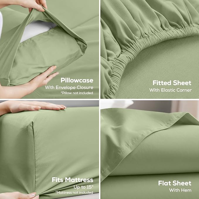 Twin XL Sheets Set, 3 Pieces 16" Deep Pocket Hotel Luxury Bed Sheets, Sage | Extra Soft Bedsheet Set, Comfy & Breathable Cooling Sheets, Wrinkle & Fade Resistant, Fitted Sheet, Flat Sheet, 1 Pillowcase