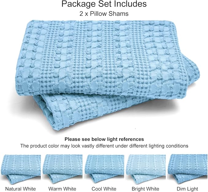 PHF Waffle Weave Pillow Shams Queen Size, 2 Pack 100% Cotton Pillowcases 20" x 30", No Insert, Soft & Breathable Aesthetic Woven Pillow Case Covers for Bedroom Decor, Sky Blue