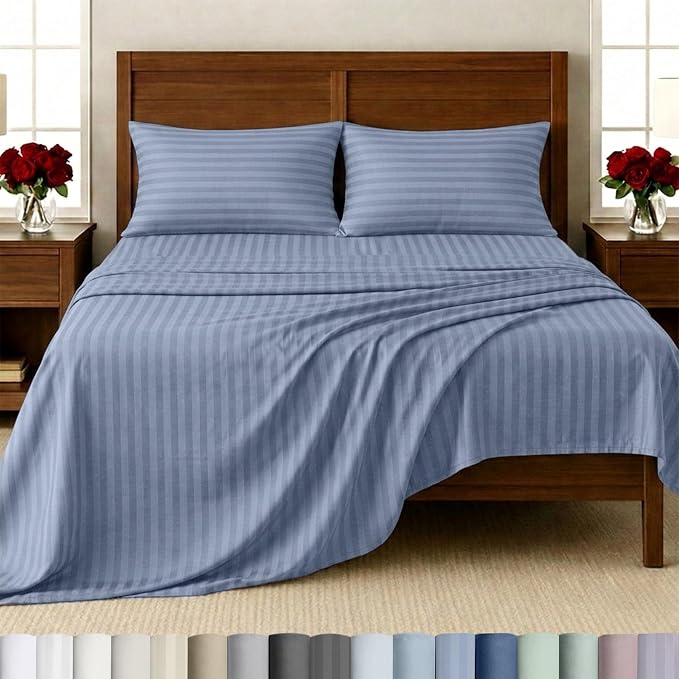 California Design Den 100% Cotton Sateen Twin XL Bed Sheets Set, 3 Pcs | Soft 500 Thread Count Backed by Good Housekeeping Seal, All-Around Elastic, OEKO-TEX certified- Light Blue Striped